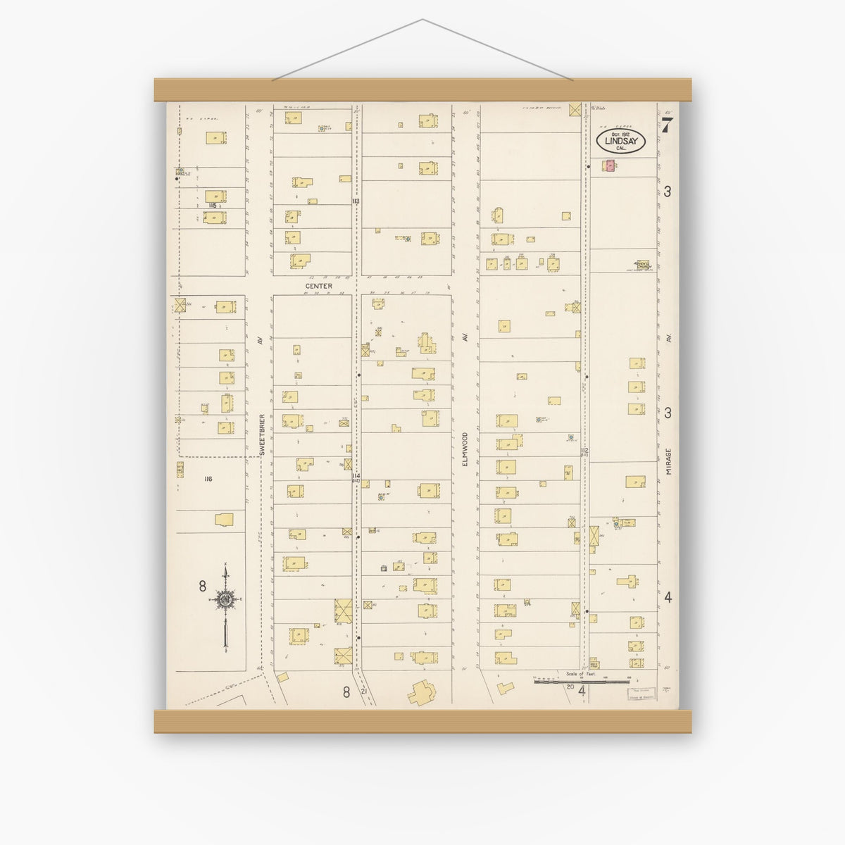 Old map wall art mockup — magnetic wood frame on white wall — Sanborn Fire Insurance Map from Lindsay, Tulare County, California (1912), Sheet #0007