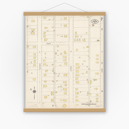 Old map wall art mockup — magnetic wood frame on white wall — Sanborn Fire Insurance Map from Lindsay, Tulare County, California (1912), Sheet #0007