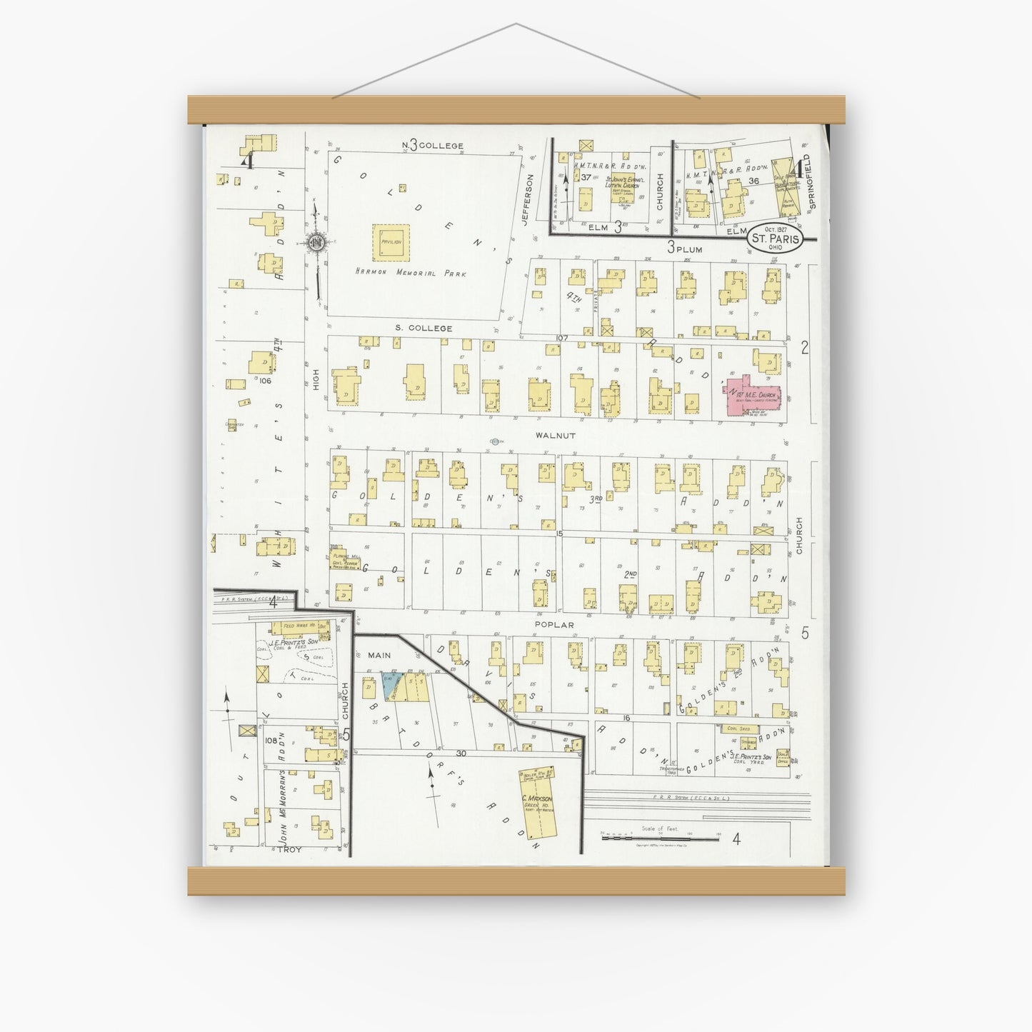Old map wall art mockup — magnetic wood frame on white wall — Sanborn Fire Insurance Map from Saint Paris, Champaign County, Ohio (1927), Sheet #0004
