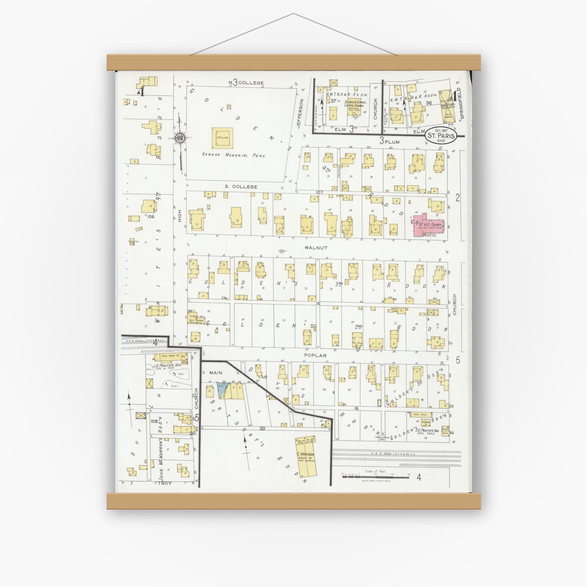 Old map wall art mockup — magnetic wood frame on white wall — Sanborn Fire Insurance Map from Saint Paris, Champaign County, Ohio (1927), Sheet #0004