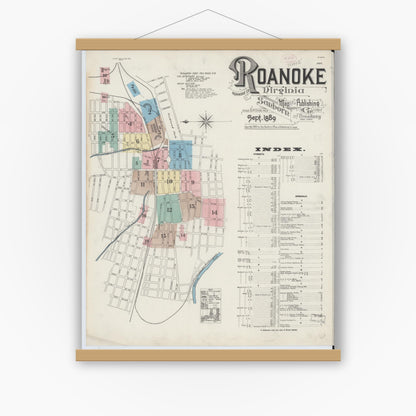 Old map wall art mockup — magnetic wood frame on white wall — Sanborn Fire Insurance Map from Roanoke, Independent Cities, Virginia (1889), Sheet #0001