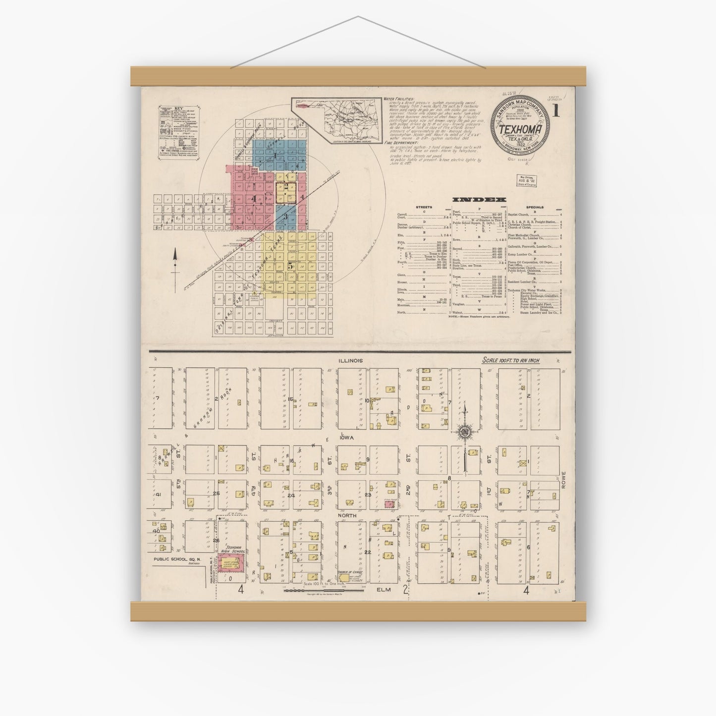 Old map wall art mockup — magnetic wood frame on white wall — Sanborn Fire Insurance Map from Texhoma, Texas County, Oklahoma and Sherman County, Texas, Texas (1922) - Complete Map Set
