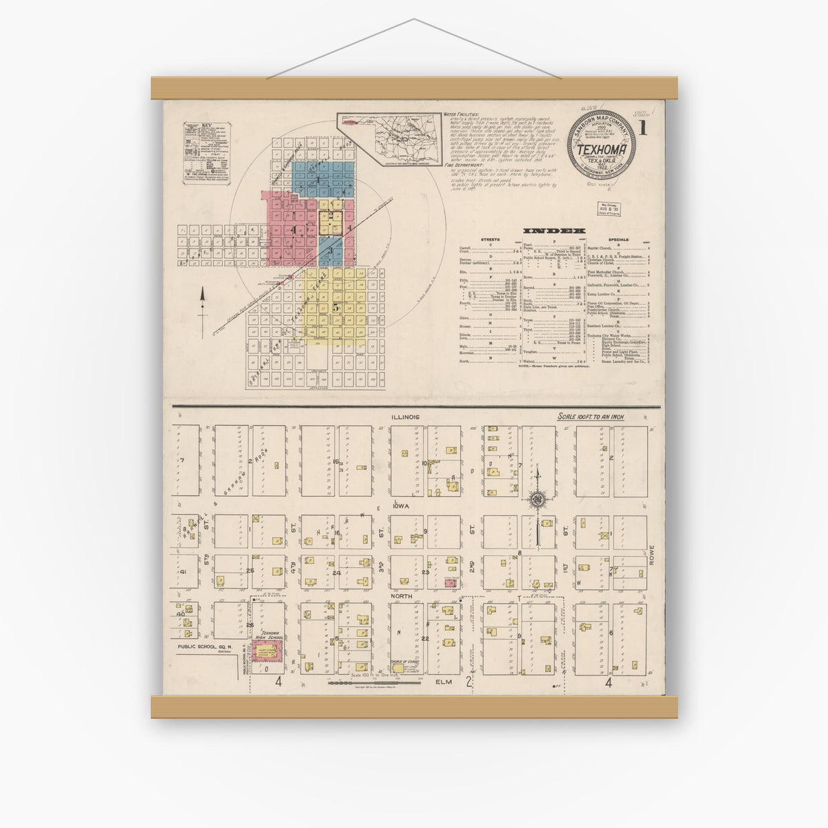 Old map wall art mockup — magnetic wood frame on white wall — Sanborn Fire Insurance Map from Texhoma, Texas County, Oklahoma and Sherman County, Texas, Texas (1922) - Complete Map Set