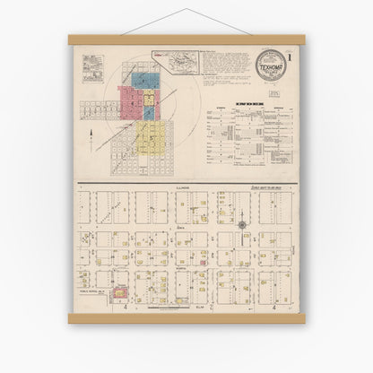 Old map wall art mockup — magnetic wood frame on white wall — Sanborn Fire Insurance Map from Texhoma, Texas County, Oklahoma and Sherman County, Texas, Texas (1922) - Complete Map Set