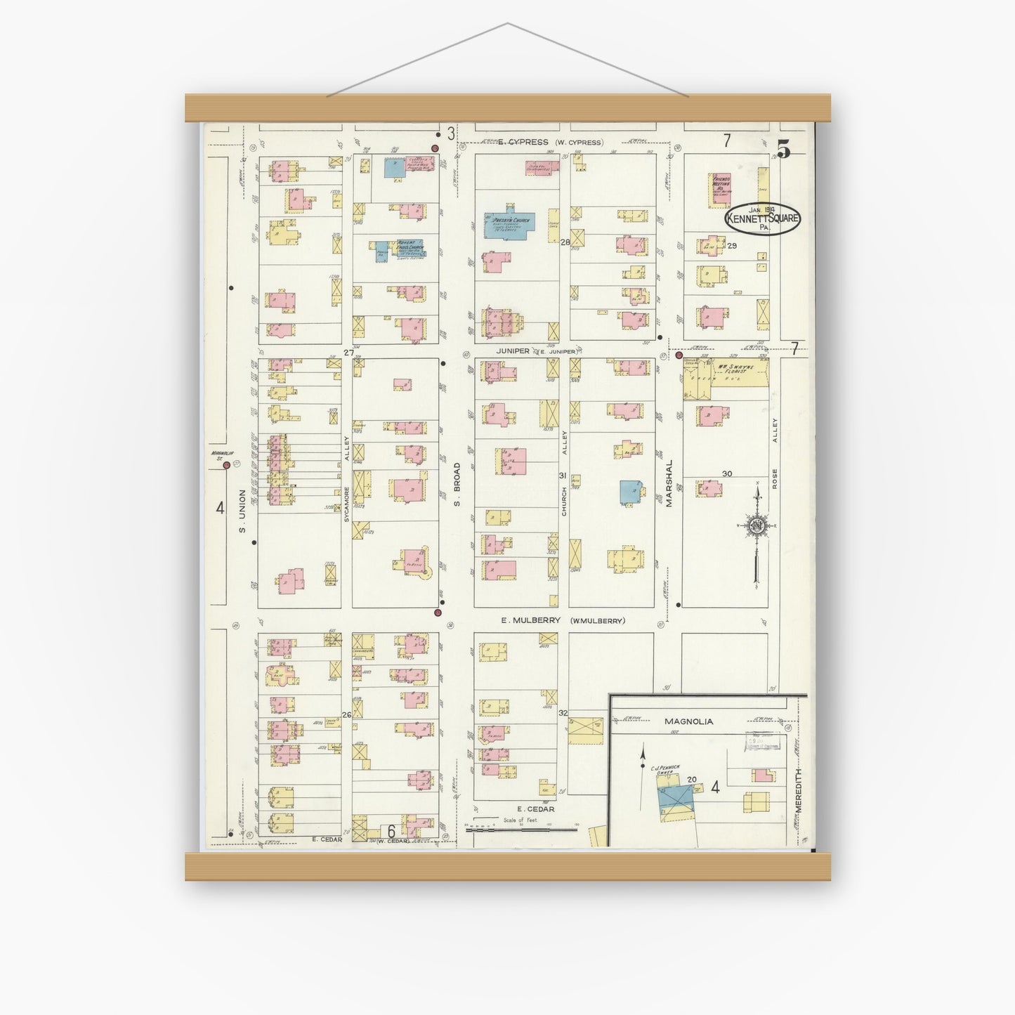 Old map wall art mockup — magnetic wood frame on white wall — Sanborn Fire Insurance Map from Kennett Square, Chester County, Pennsylvania (1914), Sheet #0005