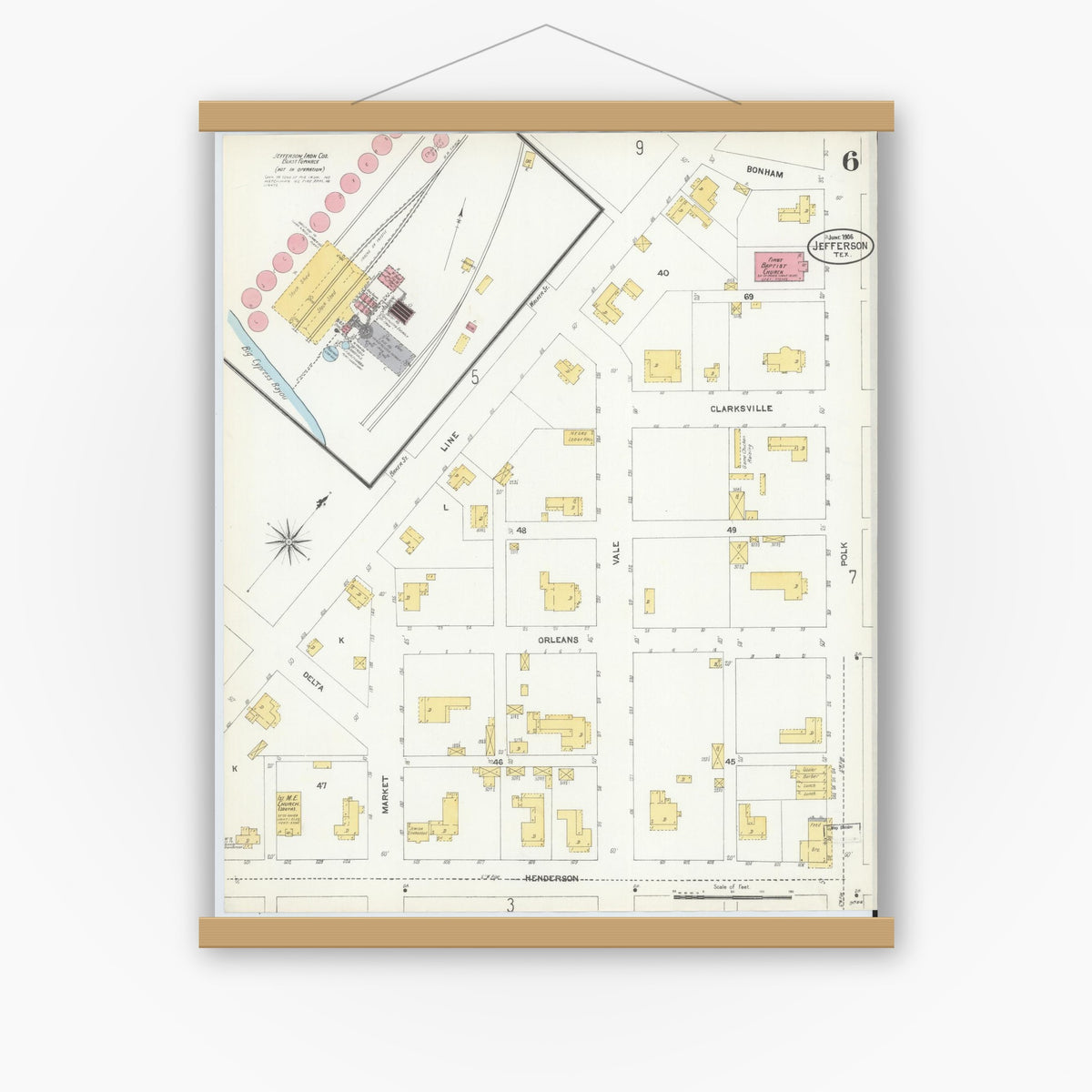 Old map wall art mockup — magnetic wood frame on white wall — Sanborn Fire Insurance Map from Jefferson, Marion County, Texas (1906), Sheet #0006