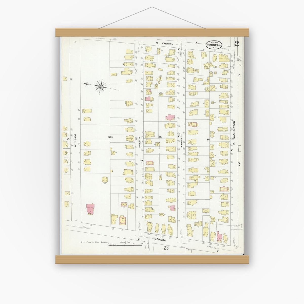Old map wall art mockup — magnetic wood frame on white wall — Sanborn Fire Insurance Map from Hornell, Steuben County, New York (1909) - Complete Map Set
