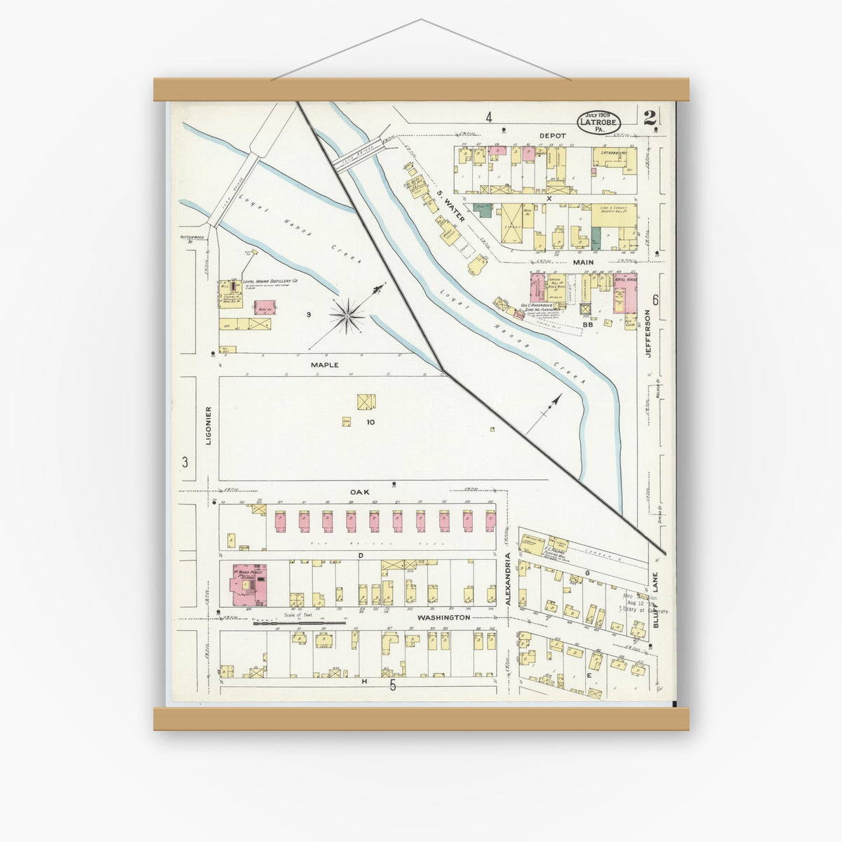 Old map wall art mockup — magnetic wood frame on white wall — Sanborn Fire Insurance Map from Latrobe, Westmoreland County, Pennsylvania (1909), Sheet #0002