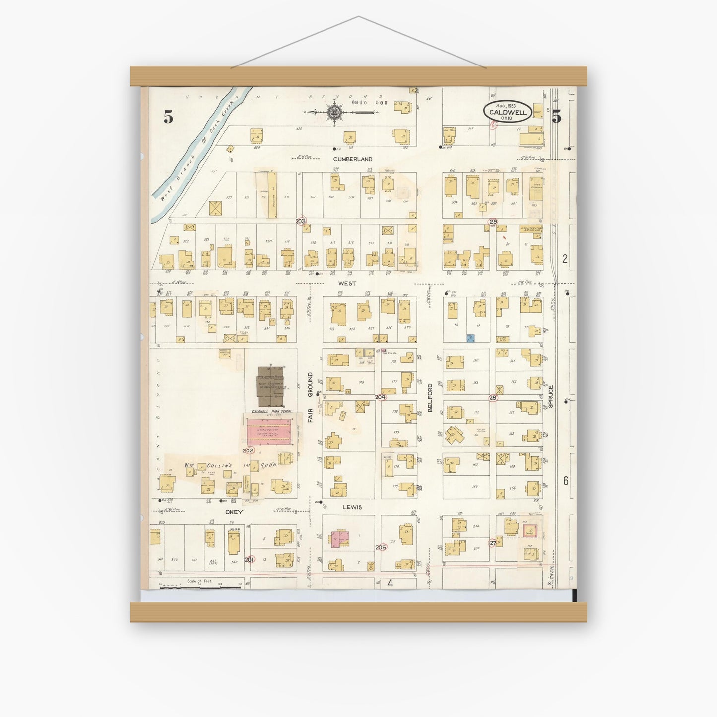 Old map wall art mockup — magnetic wood frame on white wall — Sanborn Fire Insurance Map from Caldwell, Noble County, Ohio (1932), Sheet #0005