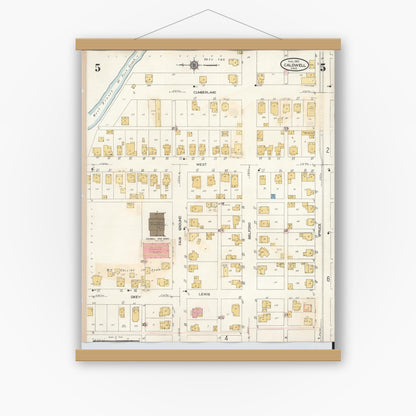 Old map wall art mockup — magnetic wood frame on white wall — Sanborn Fire Insurance Map from Caldwell, Noble County, Ohio (1932), Sheet #0005