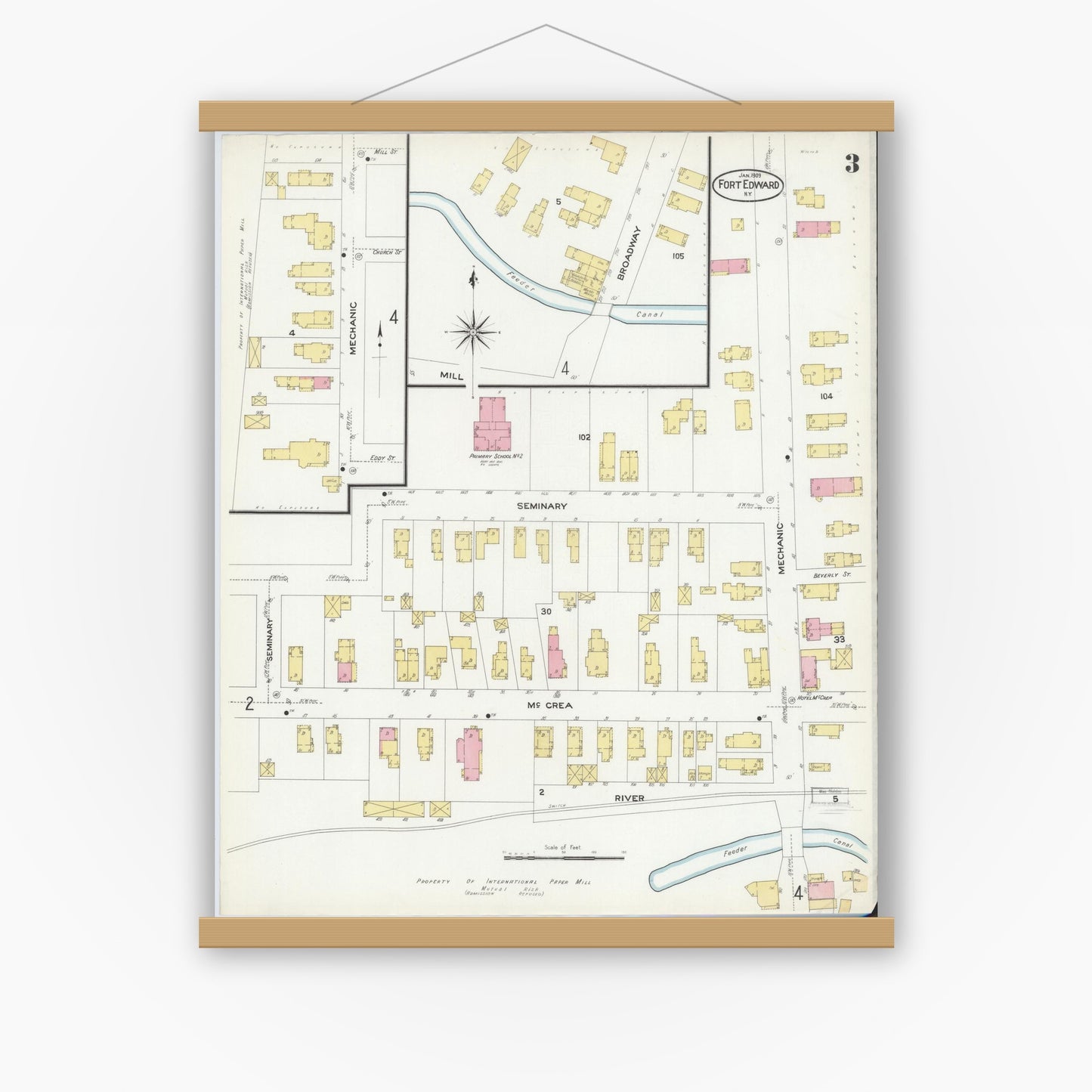 Old map wall art mockup — magnetic wood frame on white wall — Sanborn Fire Insurance Map from Fort Edward, Washington County, New York (1909), Sheet #0003