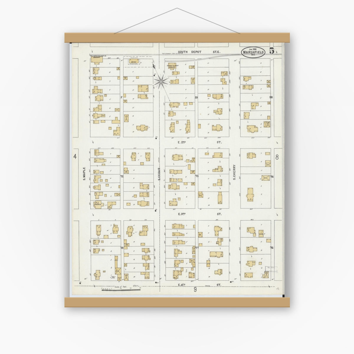 Old map wall art mockup — magnetic wood frame on white wall — Sanborn Fire Insurance Map from Marshfield, Wood County, Wisconsin (1898), Sheet #0005