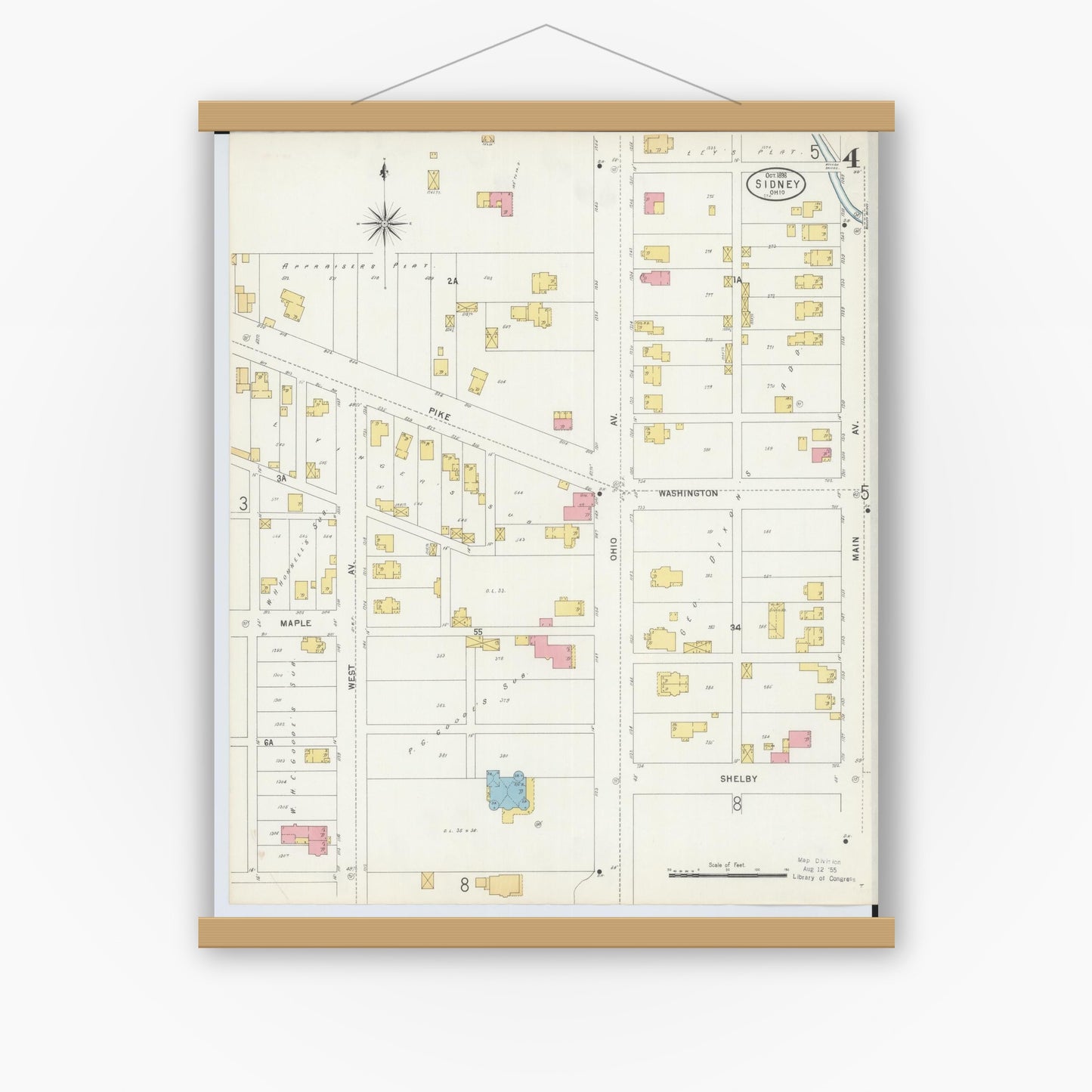 Old map wall art mockup — magnetic wood frame on white wall — Sanborn Fire Insurance Map from Sidney, Shelby County, Ohio (1898), Sheet #0004