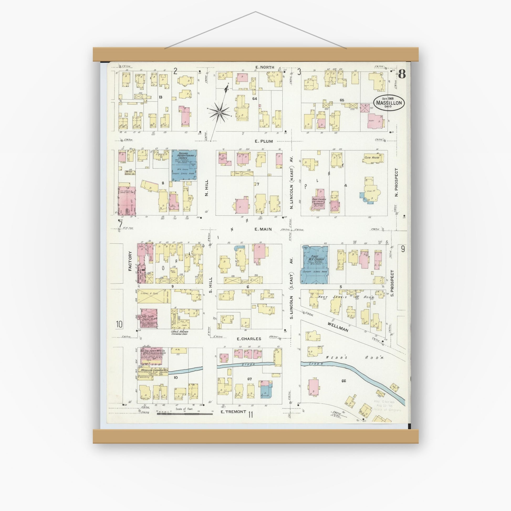 Old map wall art mockup — magnetic wood frame on white wall — Sanborn Fire Insurance Map from Massillon, Stark County, Ohio (1908), Sheet #0008