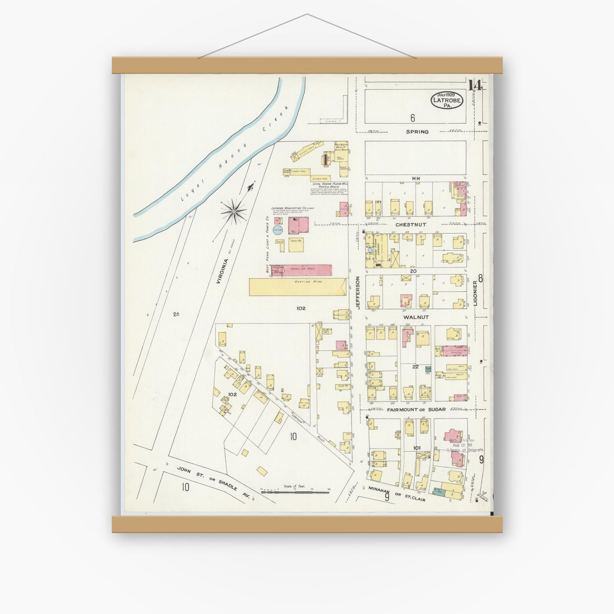 Old map wall art mockup — magnetic wood frame on white wall — Sanborn Fire Insurance Map from Latrobe, Westmoreland County, Pennsylvania (1909), Sheet #0014