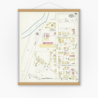 Old map wall art mockup — magnetic wood frame on white wall — Sanborn Fire Insurance Map from Latrobe, Westmoreland County, Pennsylvania (1909), Sheet #0014