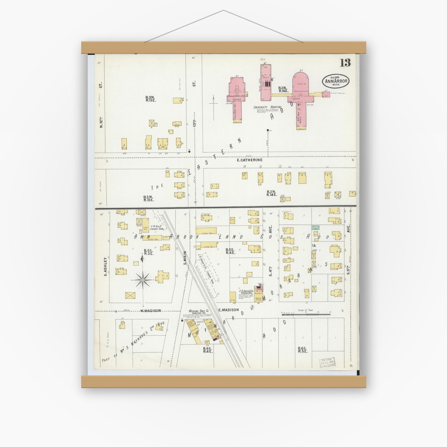 Old map wall art mockup — magnetic wood frame on white wall — Sanborn Fire Insurance Map from Ann Arbor, Washtenaw County, Michigan (1899), Sheet #0013