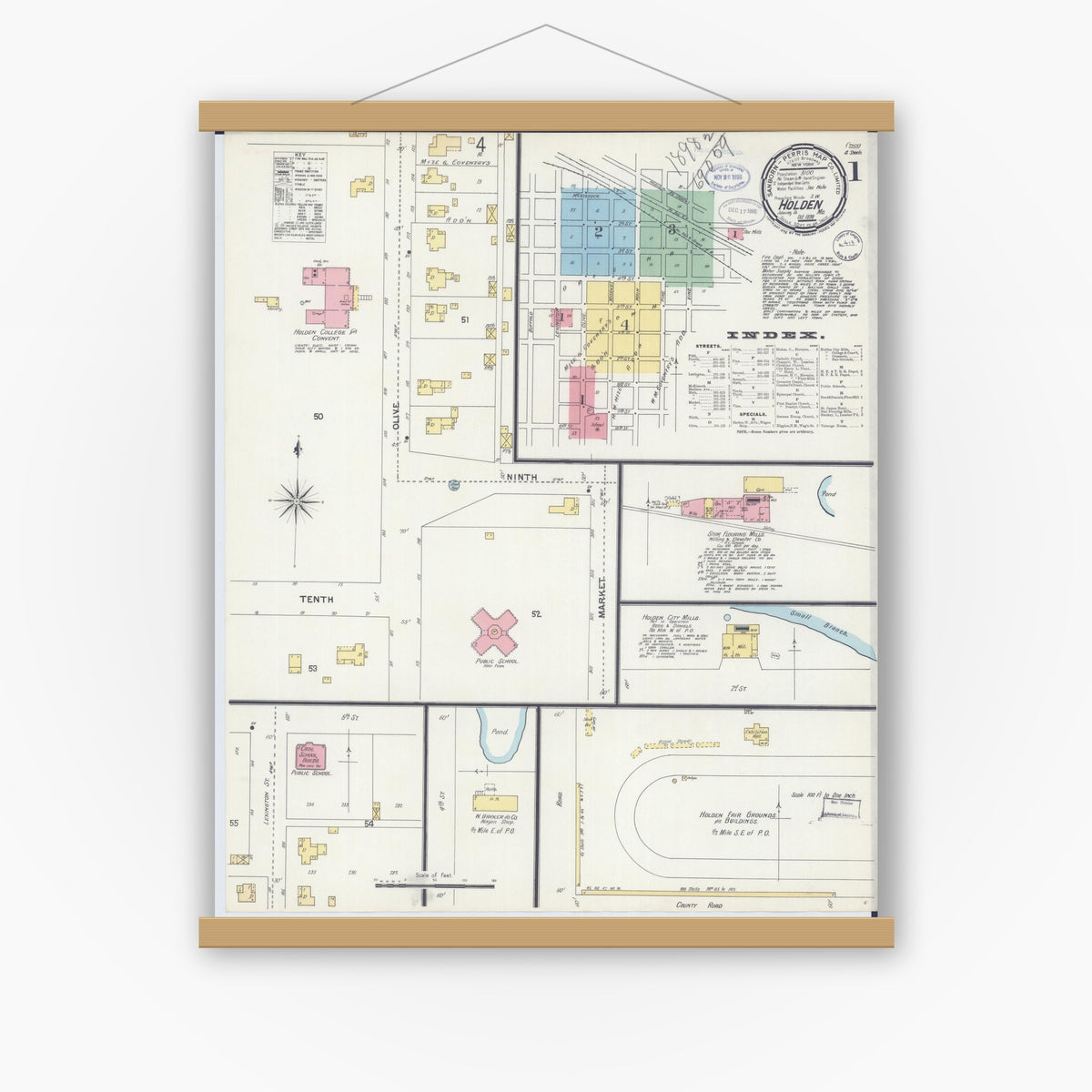 Old map wall art mockup — magnetic wood frame on white wall — Sanborn Fire Insurance Map from Holden, Johnson County, Missouri (1898) - Complete Map Set