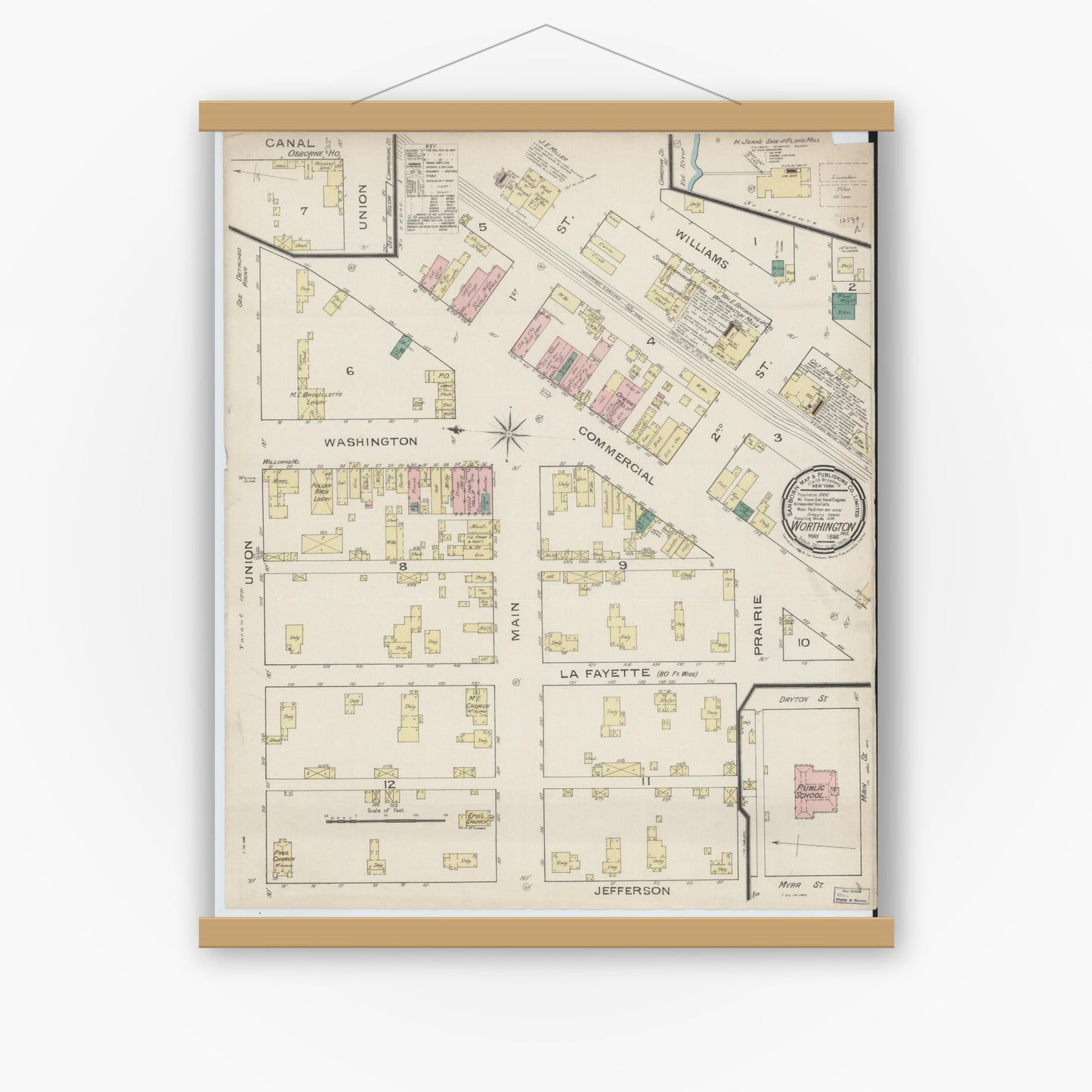 Old map wall art mockup — magnetic wood frame on white wall — Sanborn Fire Insurance Map from Worthington, Greene County, Indiana (1886), Sheet #0001
