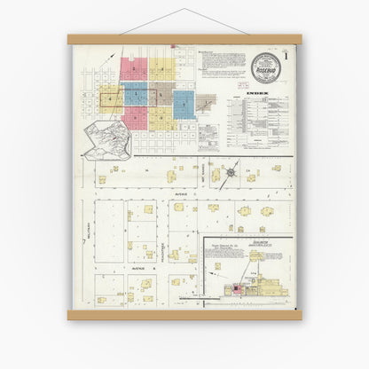 Old map wall art mockup — magnetic wood frame on white wall — Sanborn Fire Insurance Map from Rosebud, Falls County, Texas (1914) - Complete Map Set