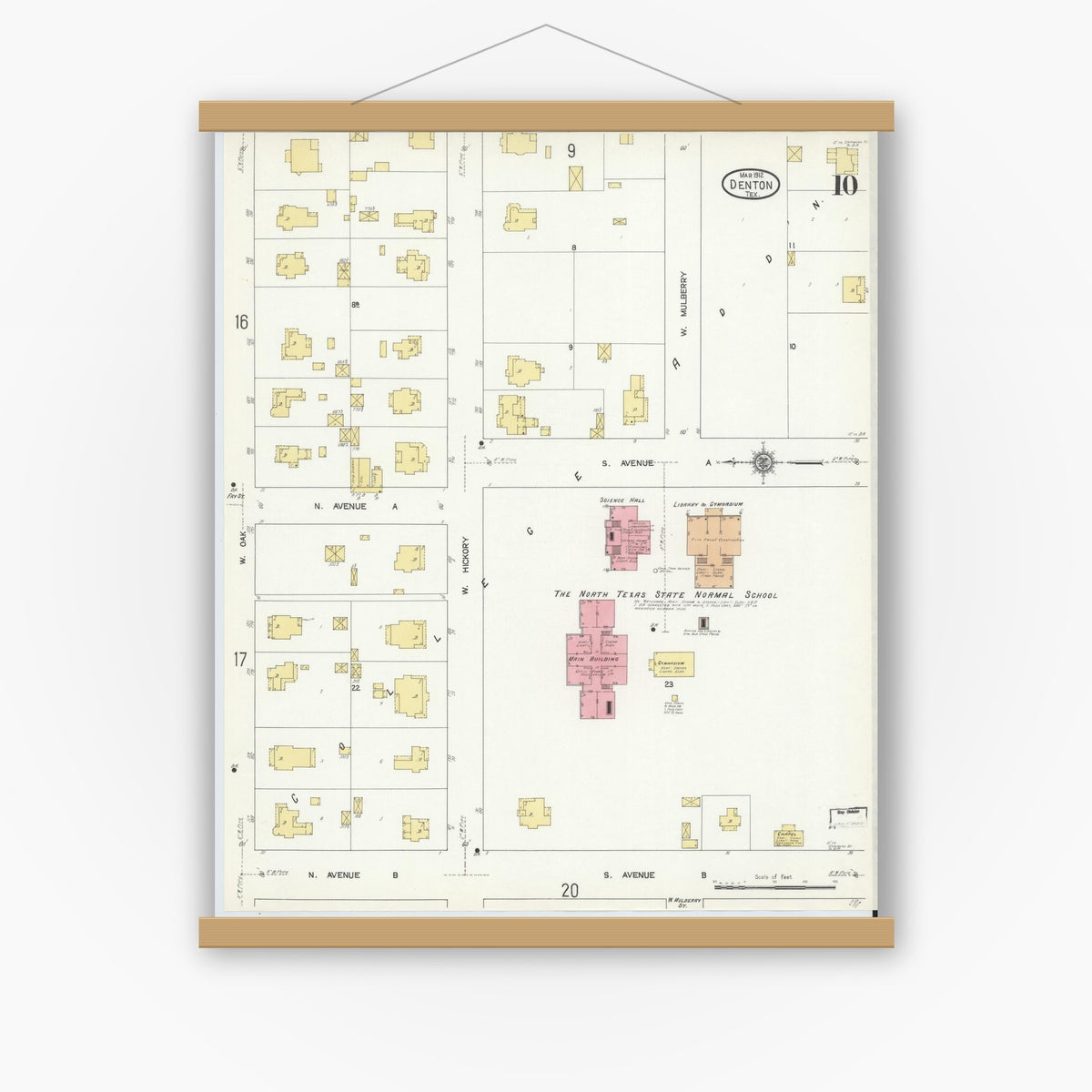 Old map wall art mockup — magnetic wood frame on white wall — Sanborn Fire Insurance Map from Denton, Denton County, Texas (1912), Sheet #0010