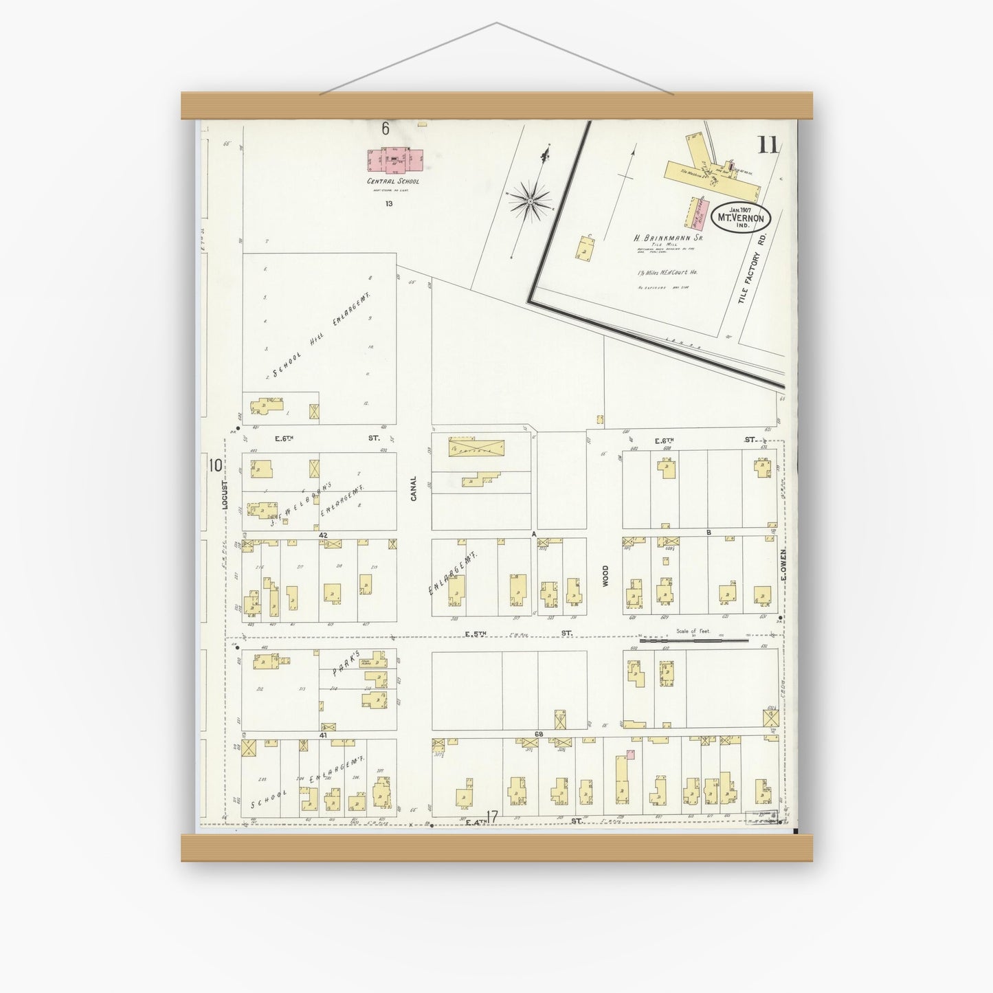Old map wall art mockup — magnetic wood frame on white wall — Sanborn Fire Insurance Map from Mount Vernon, Posey County, Indiana (1907), Sheet #0011