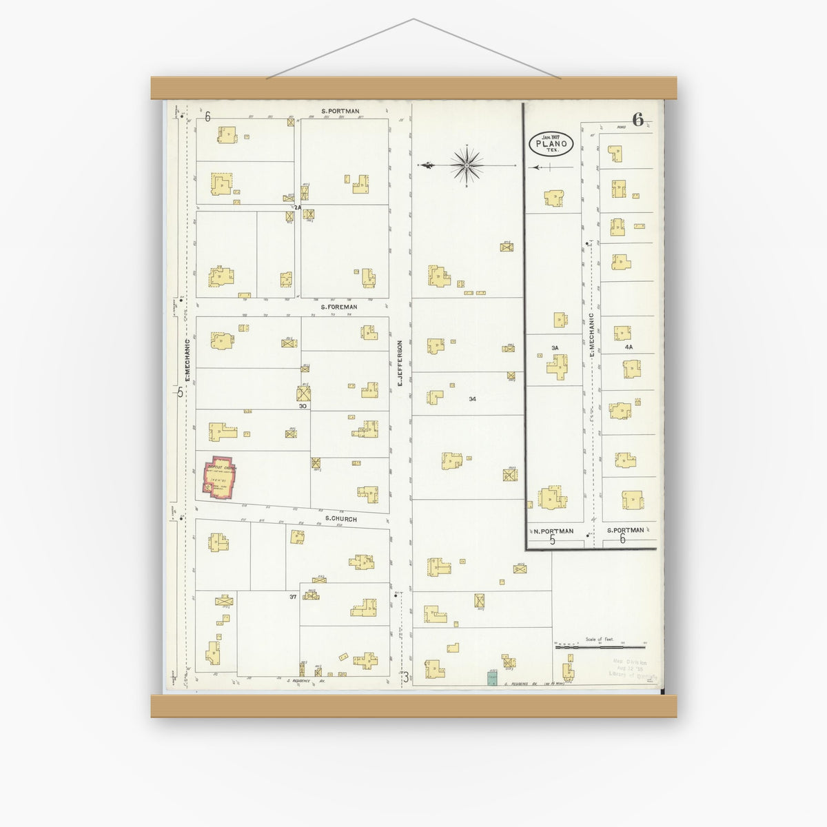Old map wall art mockup — magnetic wood frame on white wall — Sanborn Fire Insurance Map from Plano, Collin County, Texas (1907), Sheet #0006