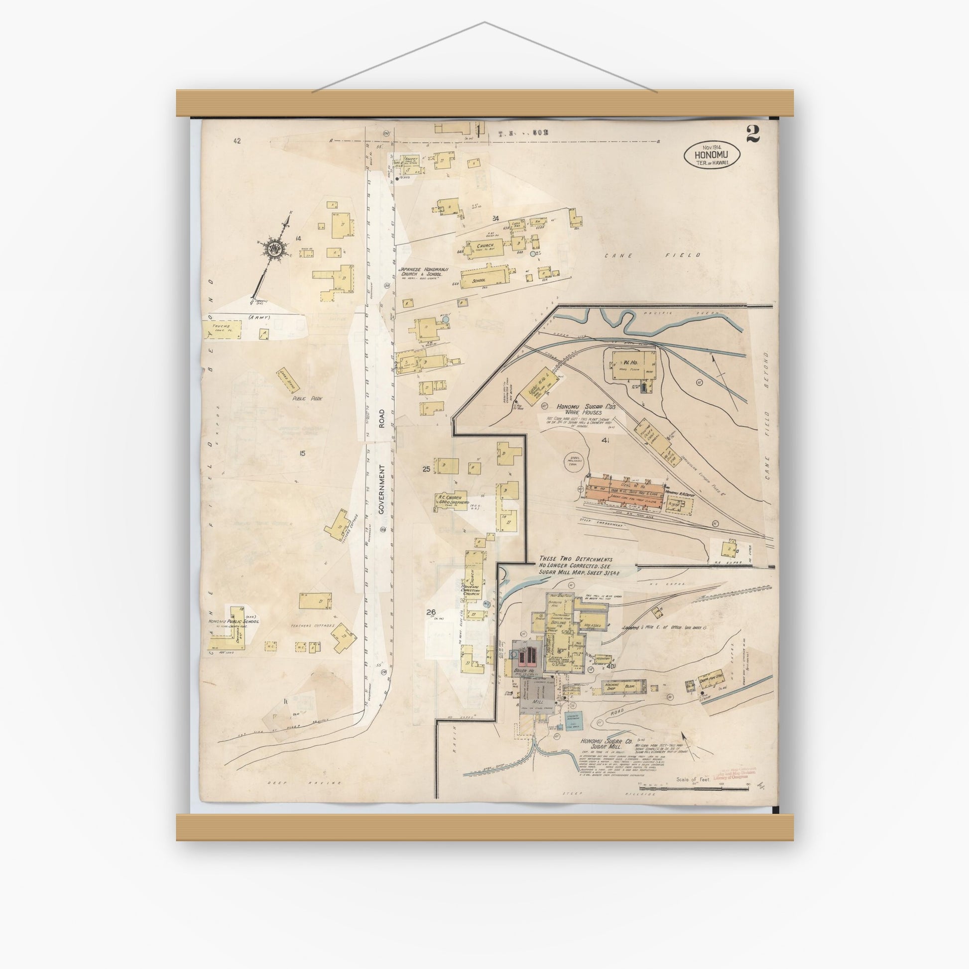 Old map wall art mockup — magnetic wood frame on white wall — Sanborn Fire Insurance Map from Honomu, Hawaii County, Hawaii (1956), Sheet #0002