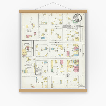 Old map wall art mockup — magnetic wood frame on white wall — Sanborn Fire Insurance Map from Seguin, Guadalupe County, Texas (1896), Sheet #0001