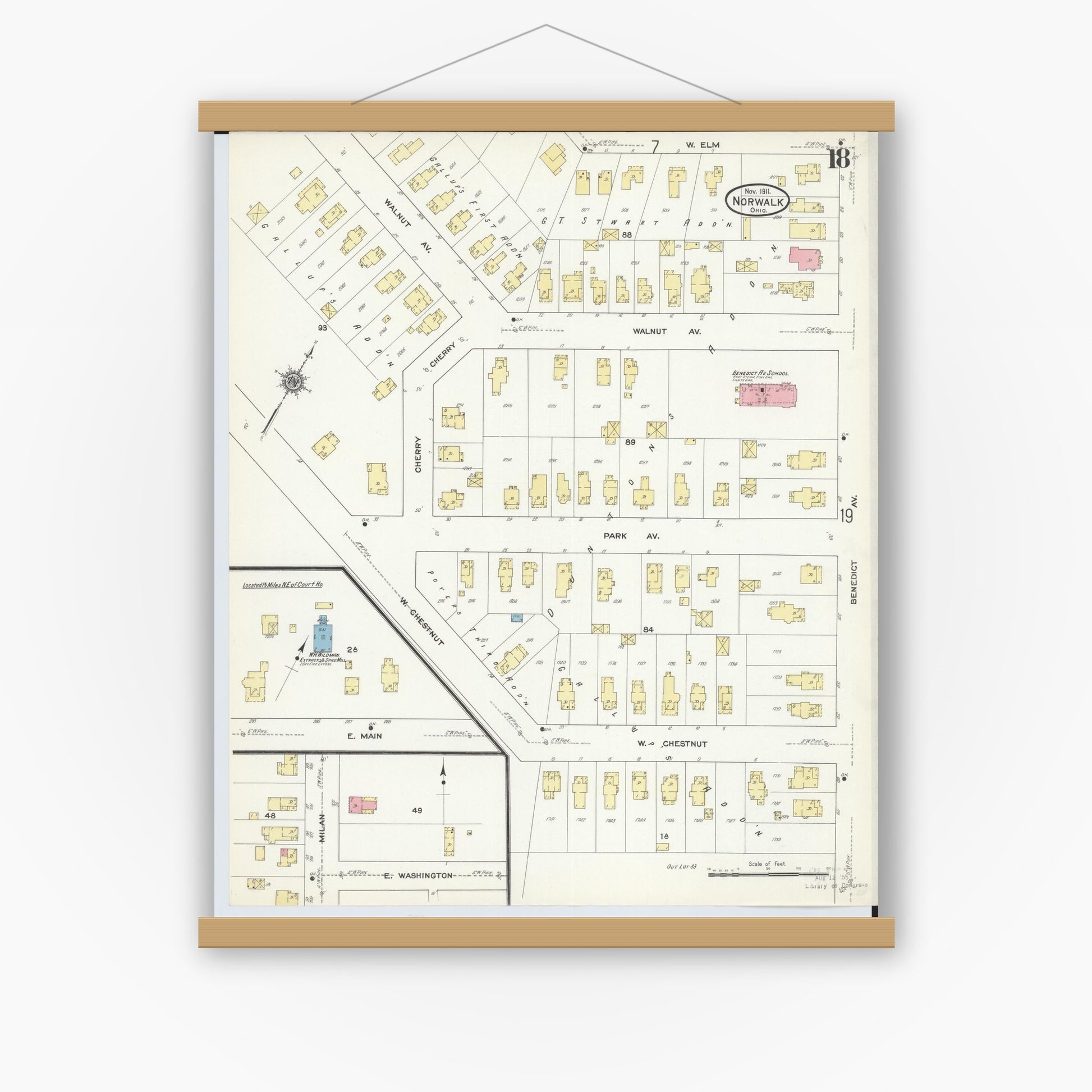 Old map wall art mockup — magnetic wood frame on white wall — Sanborn Fire Insurance Map from Norwalk, Huron County, Ohio (1911), Sheet #0018