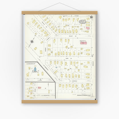 Old map wall art mockup — magnetic wood frame on white wall — Sanborn Fire Insurance Map from Norwalk, Huron County, Ohio (1911), Sheet #0018