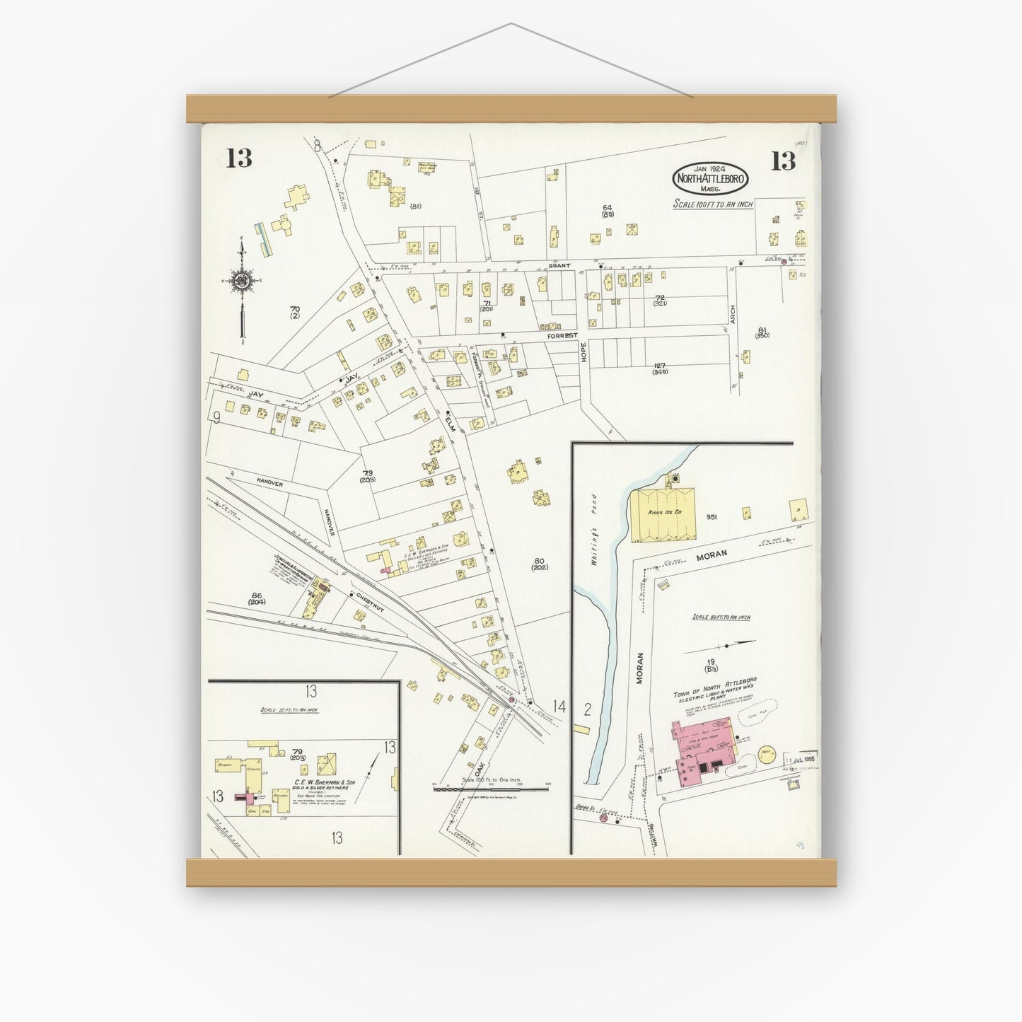 Old map wall art mockup — magnetic wood frame on white wall — Sanborn Fire Insurance Map from North Attleborough, Bristol County, Massachusetts (1924), Sheet #0013