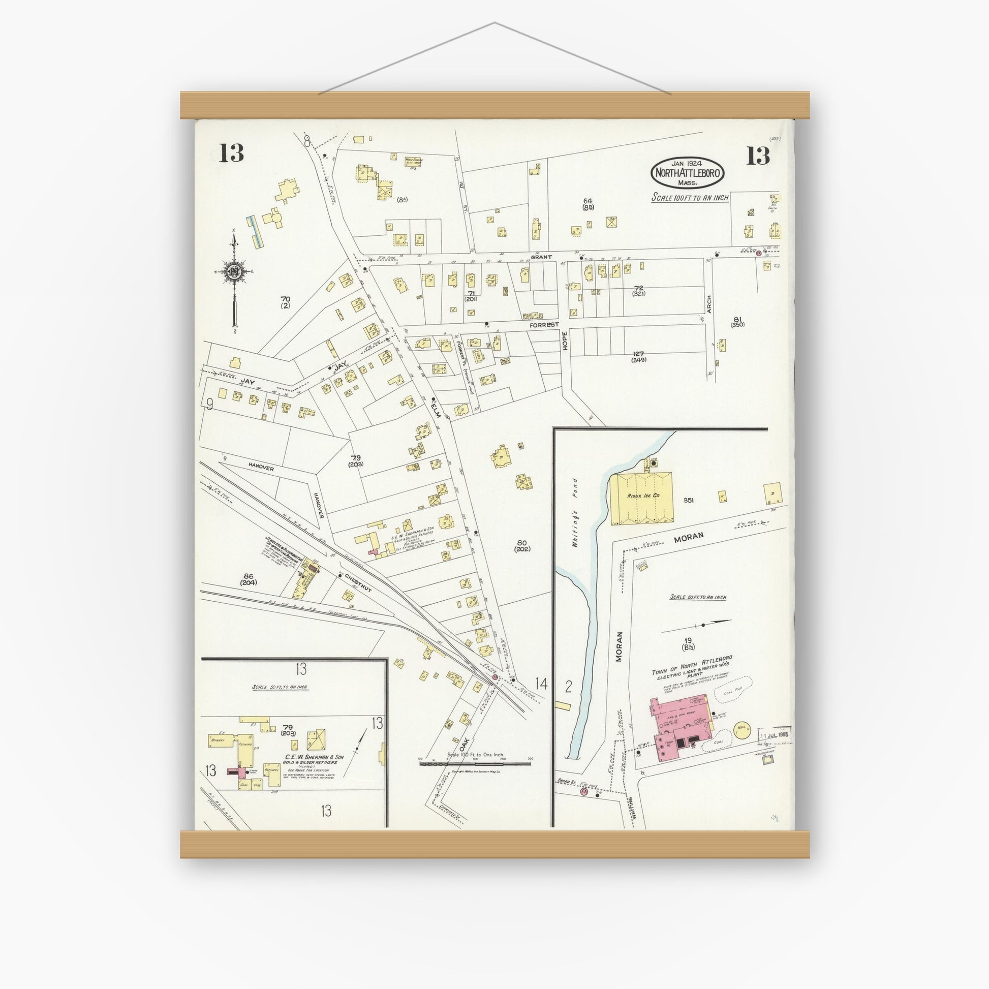 Old map wall art mockup — magnetic wood frame on white wall — Sanborn Fire Insurance Map from North Attleborough, Bristol County, Massachusetts (1924), Sheet #0013