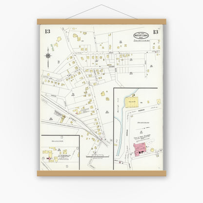 Old map wall art mockup — magnetic wood frame on white wall — Sanborn Fire Insurance Map from North Attleborough, Bristol County, Massachusetts (1924), Sheet #0013