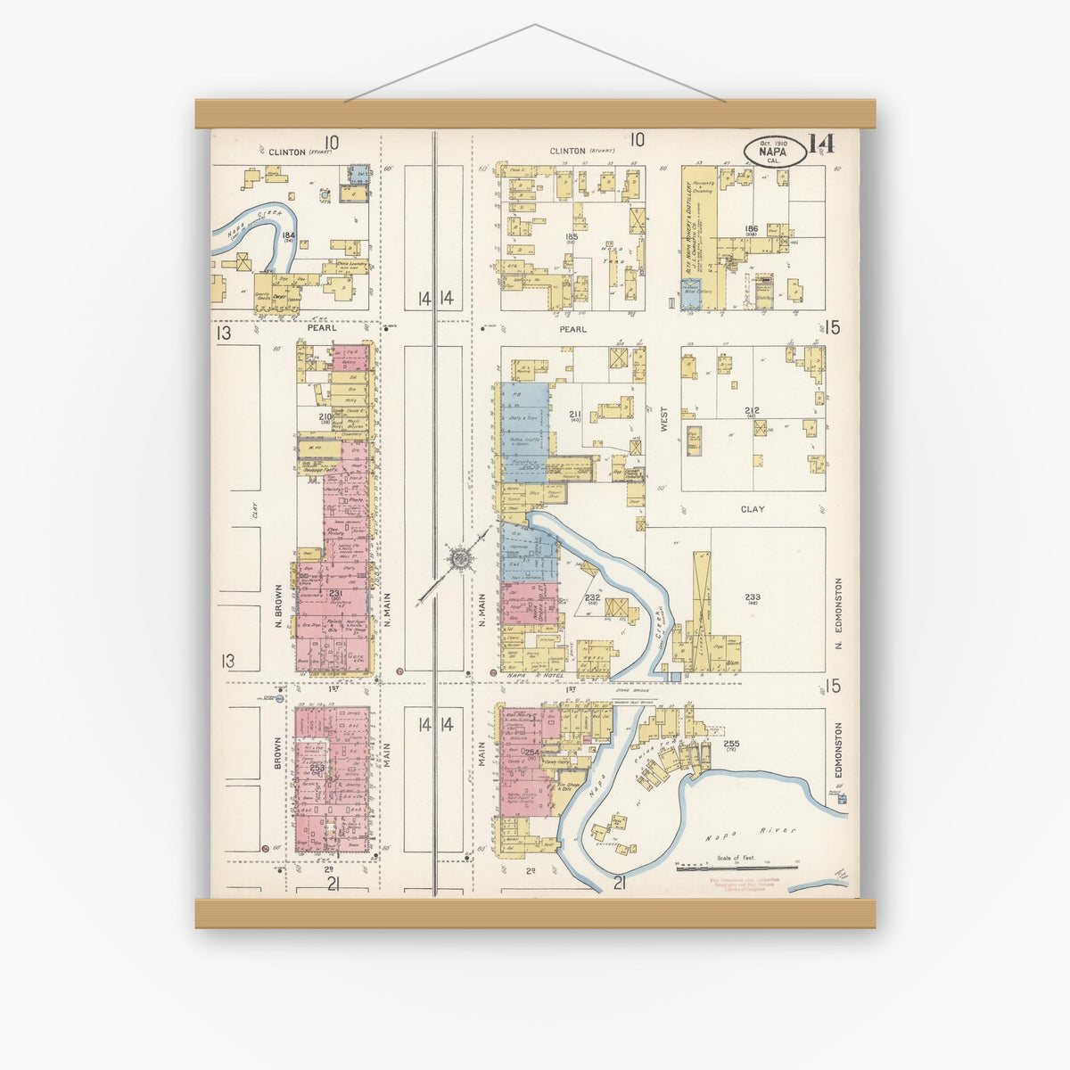 Old map wall art mockup — magnetic wood frame on white wall — Sanborn Fire Insurance Map from Napa, Napa County, California (1910), Sheet #0014