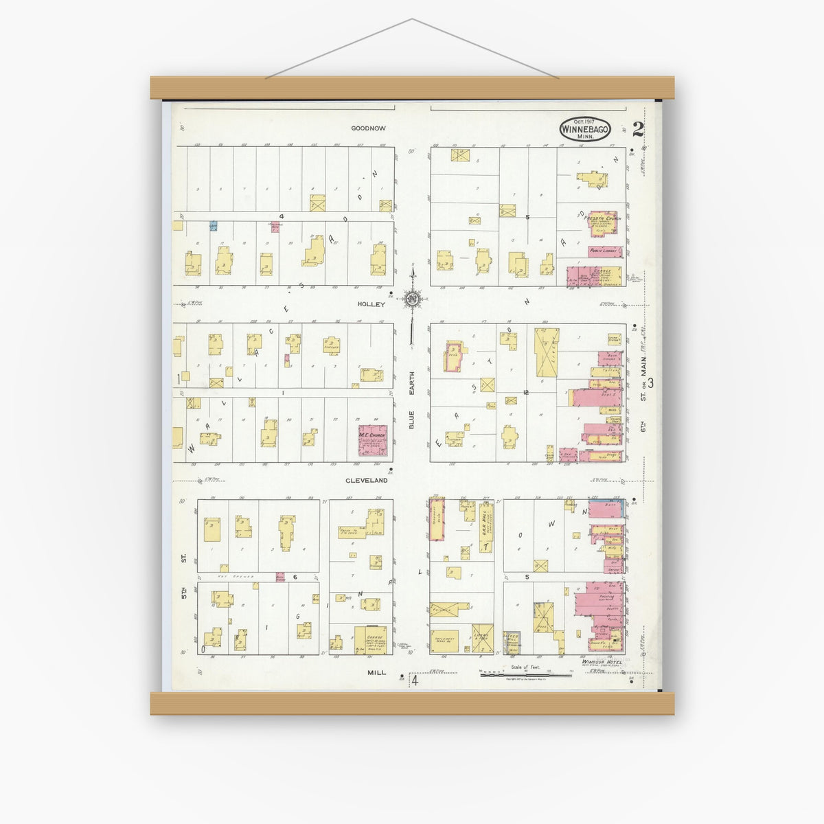 Old map wall art mockup — magnetic wood frame on white wall — Sanborn Fire Insurance Map from Winnebago, Faribault County, Minnesota (1917), Sheet #0002