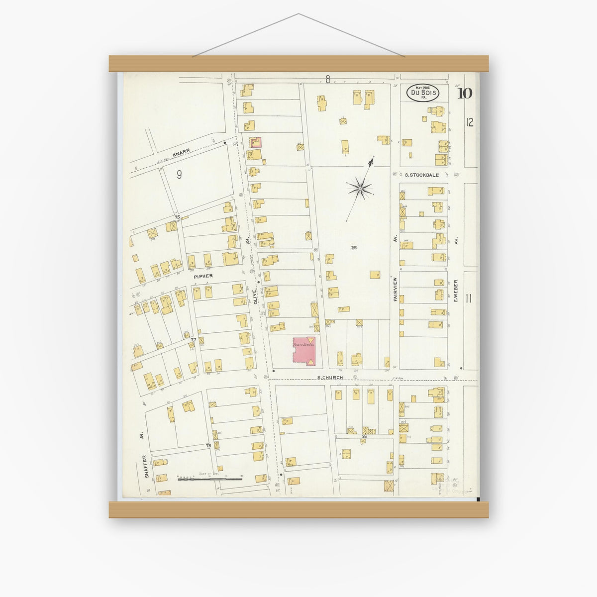 Old map wall art mockup — magnetic wood frame on white wall — Sanborn Fire Insurance Map from Du Bois, Clearfield County, Pennsylvania (1906), Sheet #0010