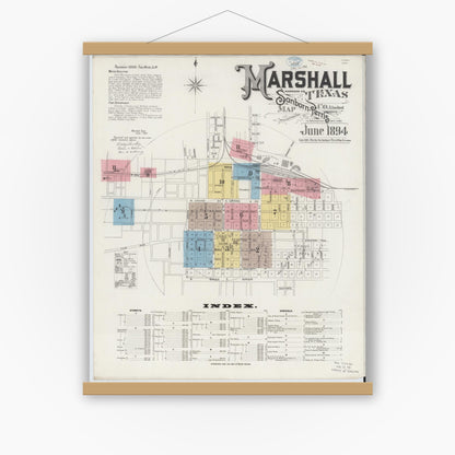 Old map wall art mockup — magnetic wood frame on white wall — Sanborn Fire Insurance Map from Marshall, Harrison County, Texas (1894) - Complete Map Set