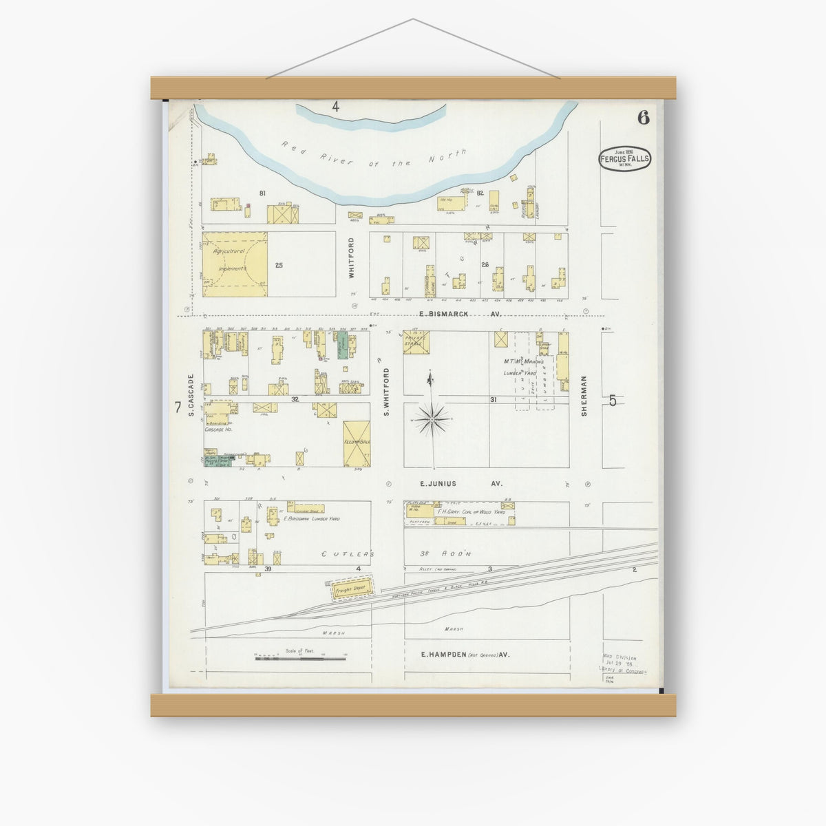Old map wall art mockup — magnetic wood frame on white wall — Sanborn Fire Insurance Map from Fergus Falls, Otter Tail County, Minnesota (1896), Sheet #0006