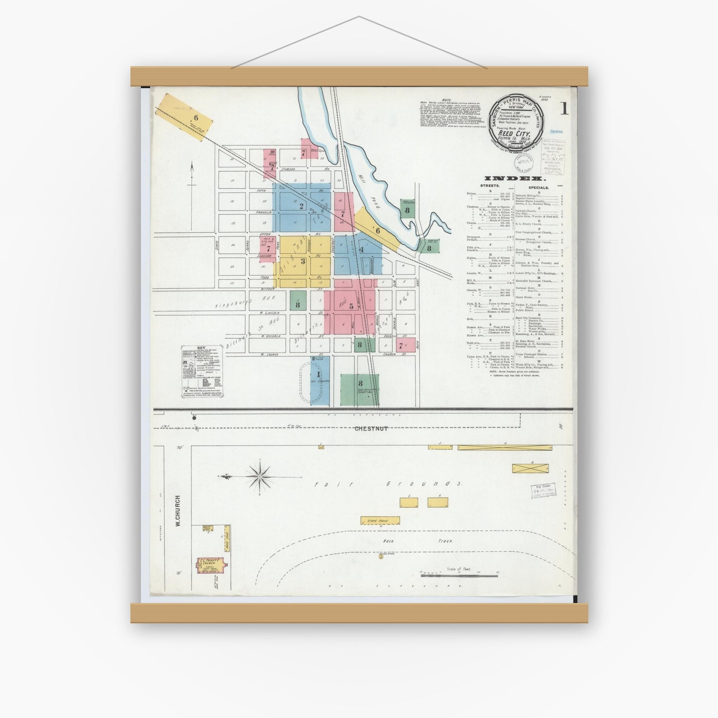 Old map wall art mockup — magnetic wood frame on white wall — Sanborn Fire Insurance Map from Reed City, Osceola County, Michigan (1900), Sheet #0001
