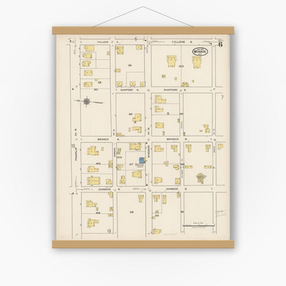 Old map wall art mockup — magnetic wood frame on white wall — Sanborn Fire Insurance Map from Monroe, Union County, North Carolina (1922), Sheet #0006
