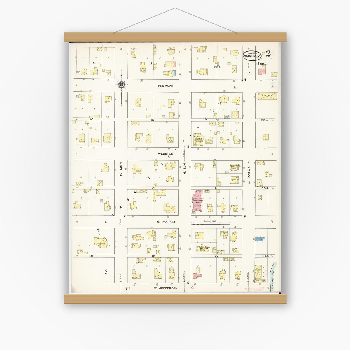 Old map wall art mockup — magnetic wood frame on white wall — Sanborn Fire Insurance Map from Waverly, Bremer County, Iowa (1915), Sheet #0002