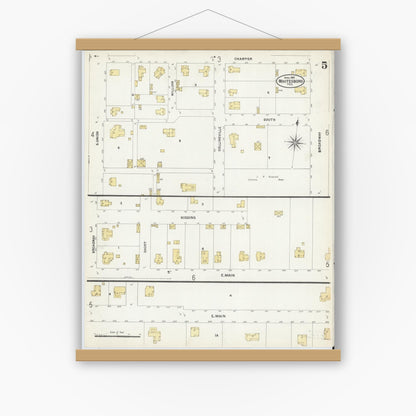 Old map wall art mockup — magnetic wood frame on white wall — Sanborn Fire Insurance Map from Whitesboro, Grayson County, Texas (1907), Sheet #0005