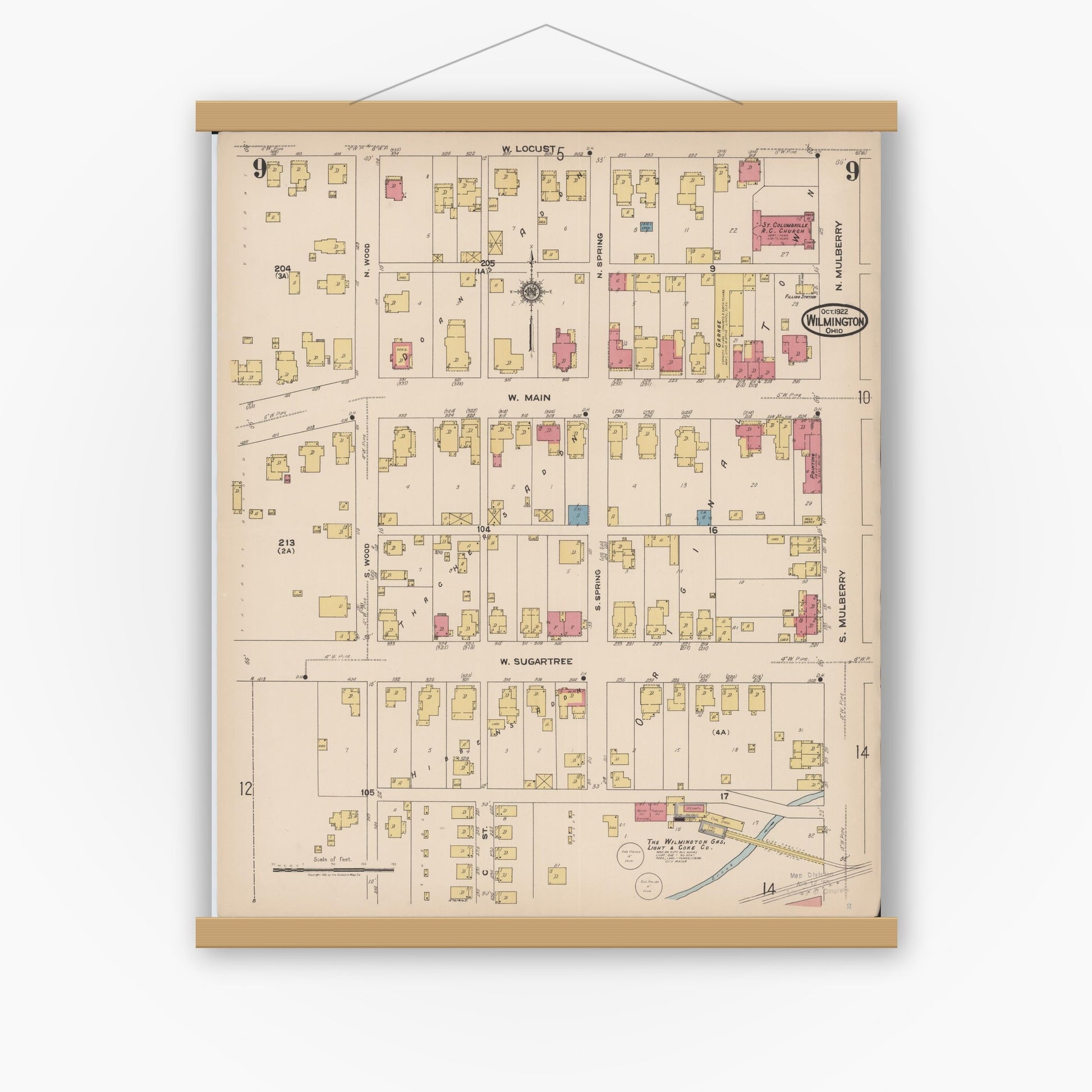 Old map wall art mockup — magnetic wood frame on white wall — Sanborn Fire Insurance Map from Wilmington, Clinton County, Ohio (1922), Sheet #0009