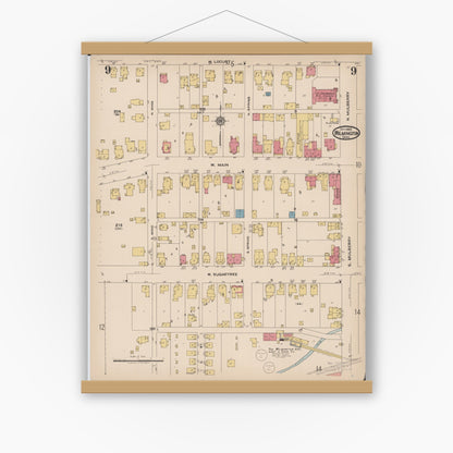 Old map wall art mockup — magnetic wood frame on white wall — Sanborn Fire Insurance Map from Wilmington, Clinton County, Ohio (1922), Sheet #0009
