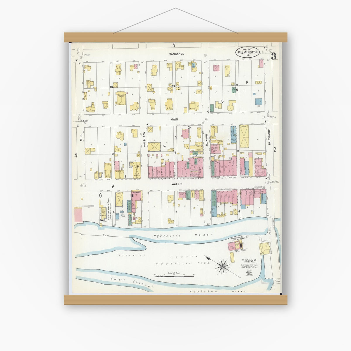 Old map wall art mockup — magnetic wood frame on white wall — Sanborn Fire Insurance Map from Wilmington, Will County, Illinois (1907), Sheet #0003