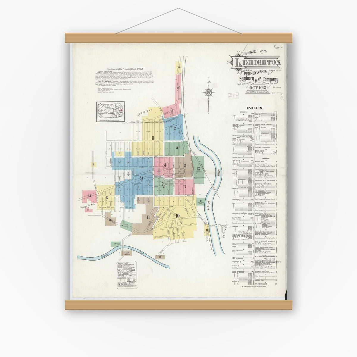 Old map wall art mockup — magnetic wood frame on white wall — Sanborn Fire Insurance Map from Lehighton, Carbon County, Pennsylvania (1915), Sheet #0001