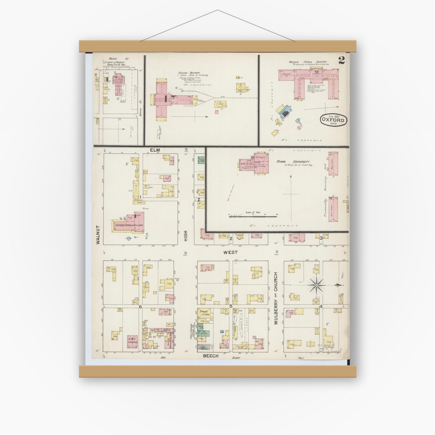 Old map wall art mockup — magnetic wood frame on white wall — Sanborn Fire Insurance Map from Oxford, Butler County, Ohio (1887), Sheet #0002