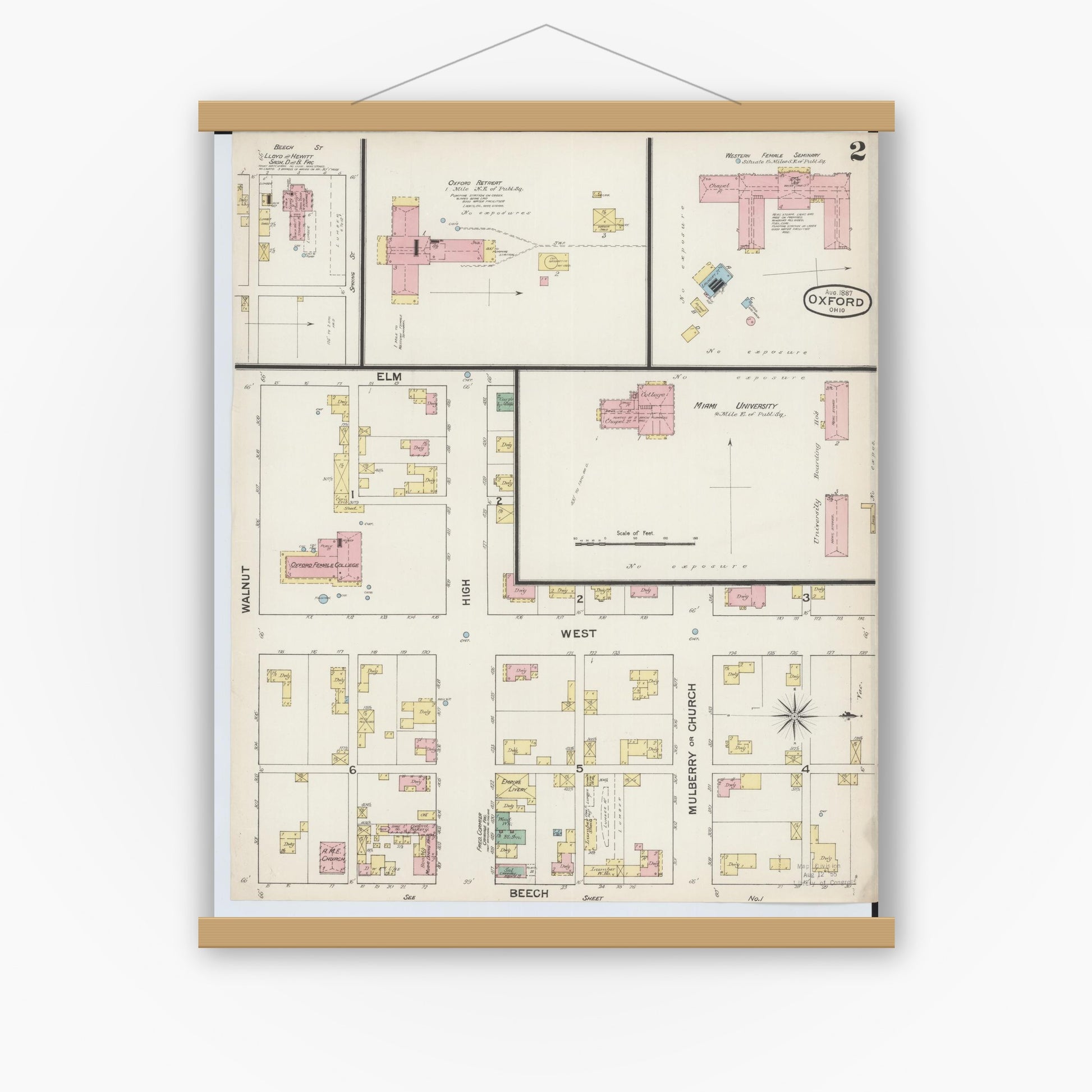 Old map wall art mockup — magnetic wood frame on white wall — Sanborn Fire Insurance Map from Oxford, Butler County, Ohio (1887), Sheet #0002