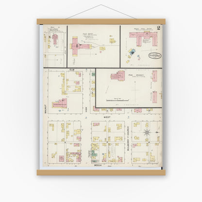 Old map wall art mockup — magnetic wood frame on white wall — Sanborn Fire Insurance Map from Oxford, Butler County, Ohio (1887), Sheet #0002